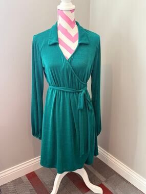 Wild Fable Emerald Green Long Sleeve Faux Wrap Collared Dress Size L